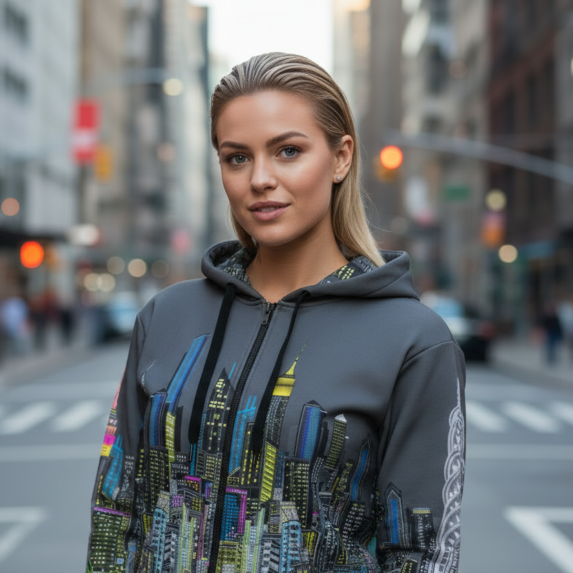 Woman wearing a gray Loria NYC Art hoodie with colorful patterns on a city street