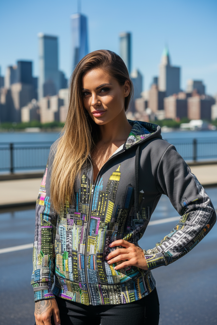 Woman wearing a colorful Loria NYC Art jacket with a cityscape design, standing in front of a city skyline.