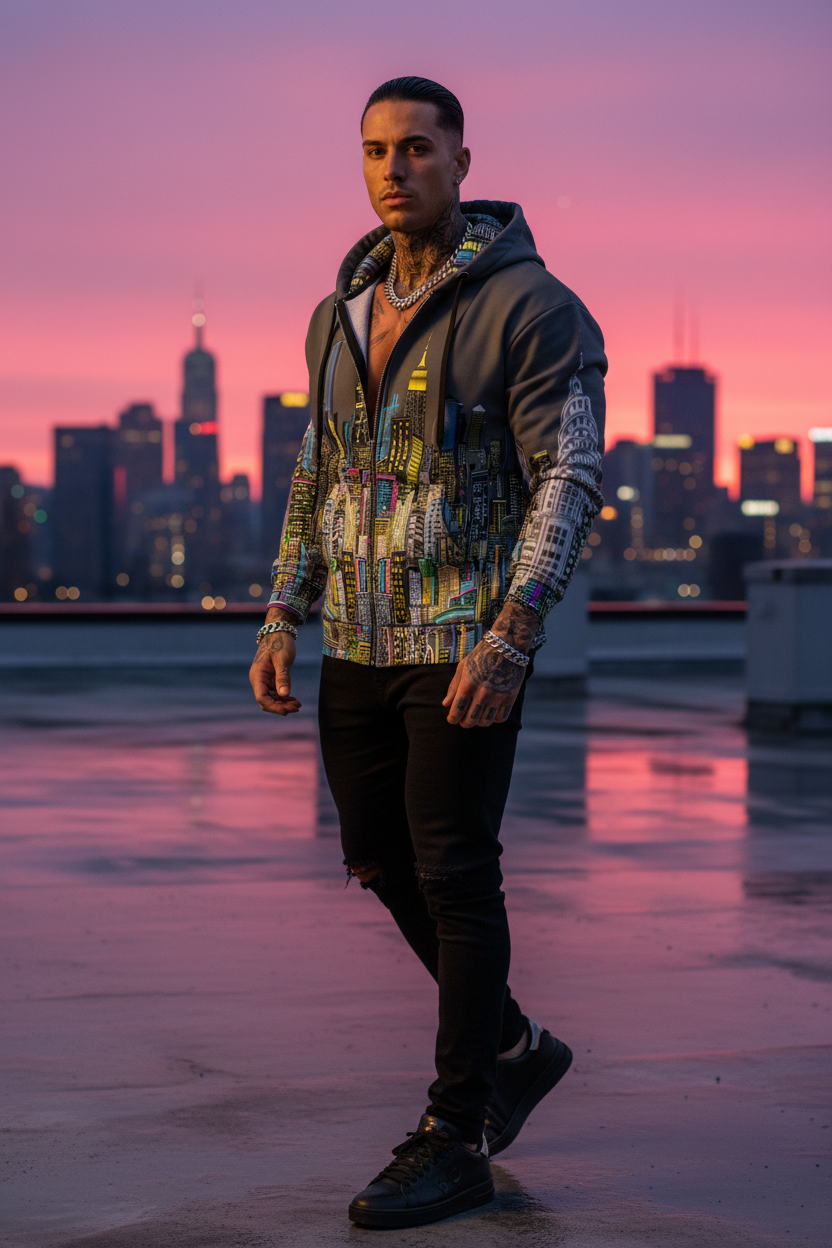 Man in a colorfulLoria NYC Art hoodie standing on a rooftop with a city skyline at sunset.