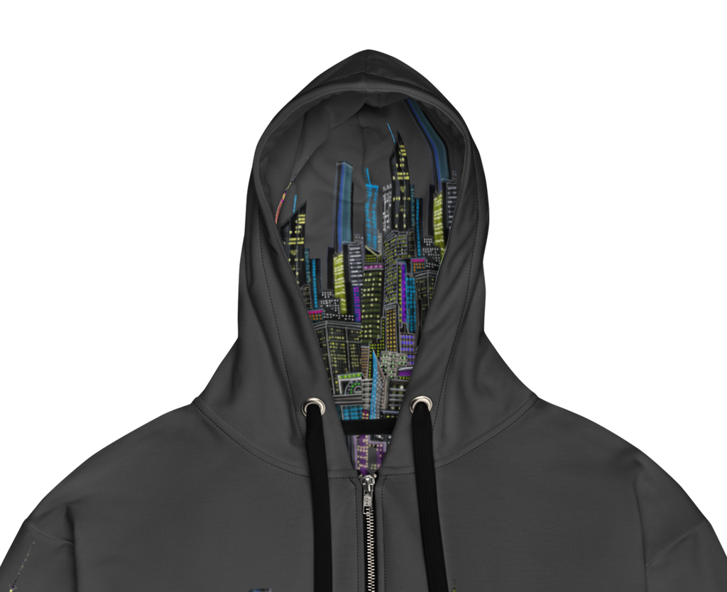 Dark gray hoodie with a unique Loria NYC Art on the face area against a white background