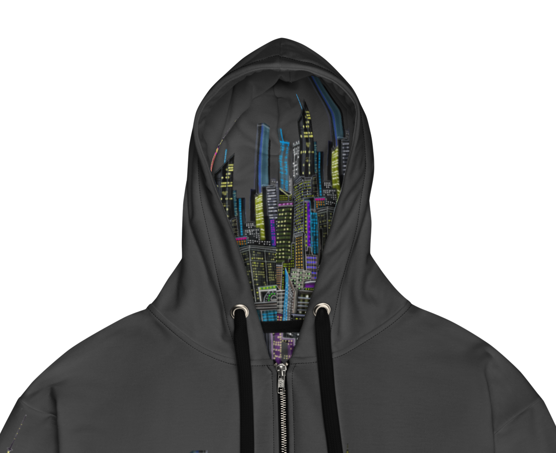 Dark gray hoodie with a unique Loria NYC Art on the face area against a white background
