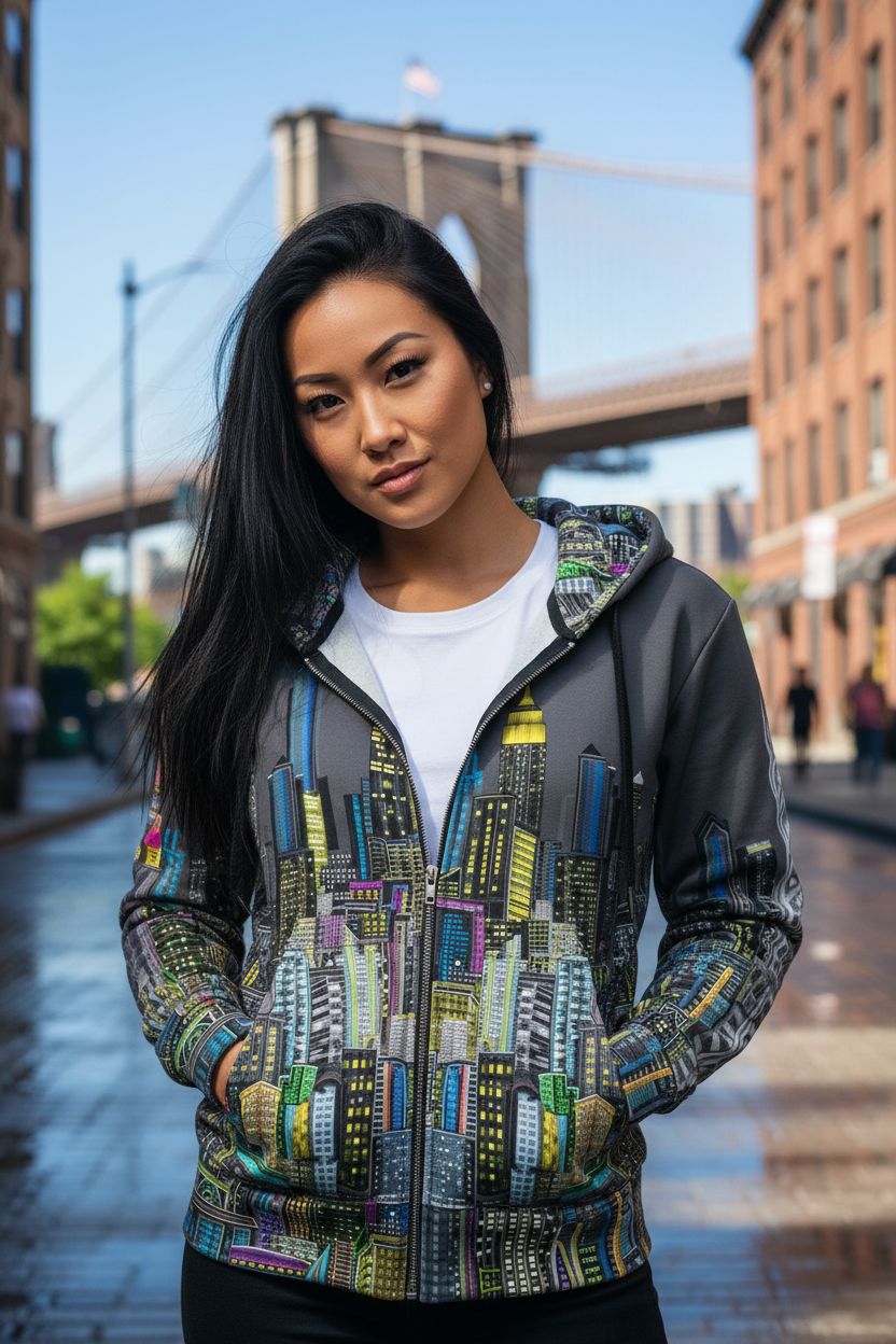 Woman wearing a colorful Loria NYC Art hoodie with a cityscape design, standing in an urban setting with a bridge in the background.