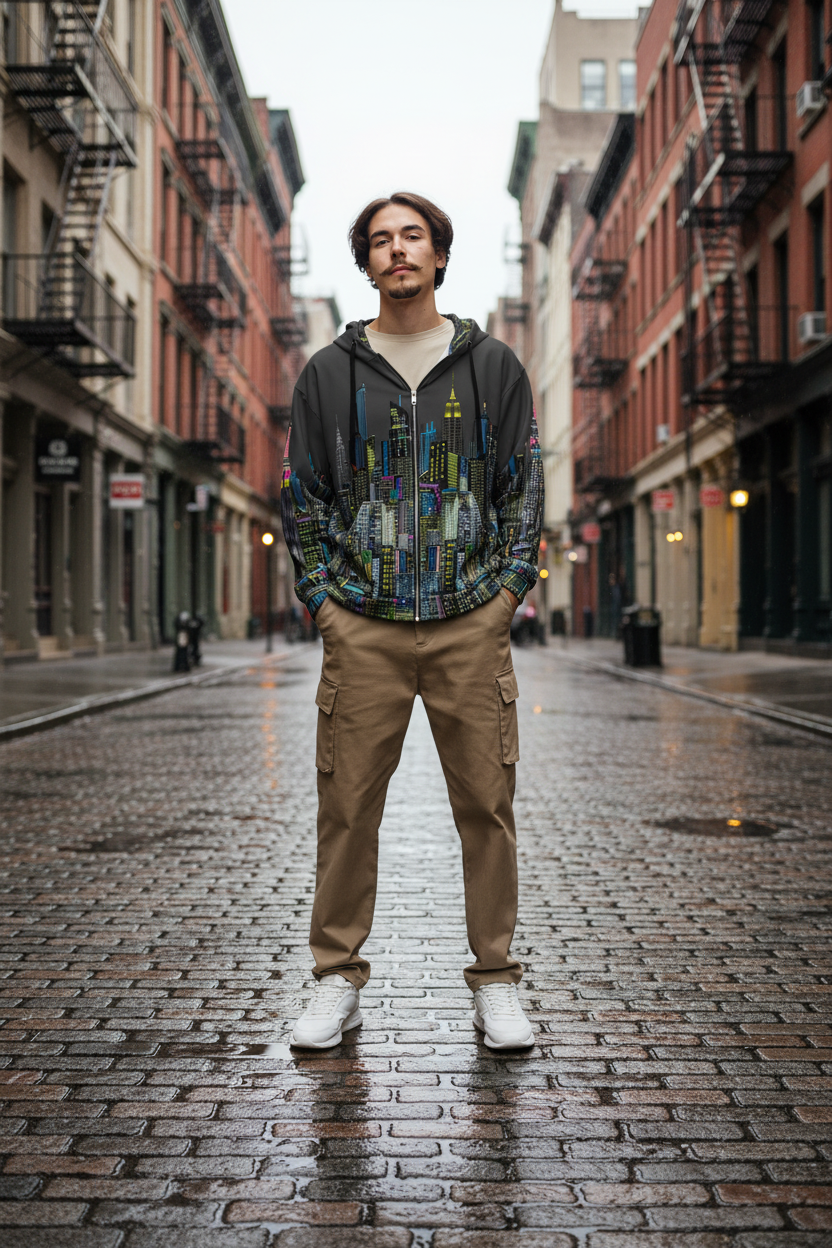 Man wearing a colorful hoodie with a cityscape Loria NYC Art design and beige cargo pants on a white background