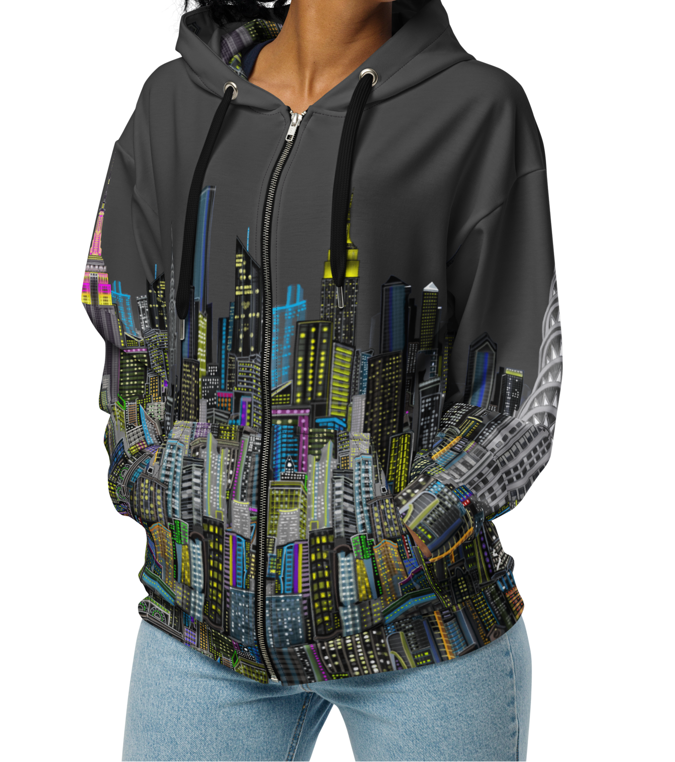 Woman wearing a gray hoodie with a colorful Loria NYC Art cityscape design on a white background
