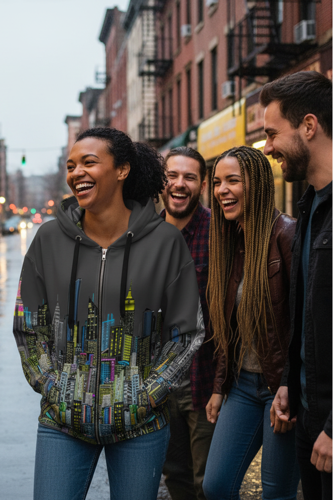 Girl wearing Loria NYC Art hoodie with friends laughing on a city street on a rainy day.