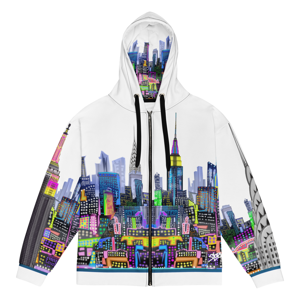 Hoodie with a colorful cityscape Loria NYC Art design on a white background