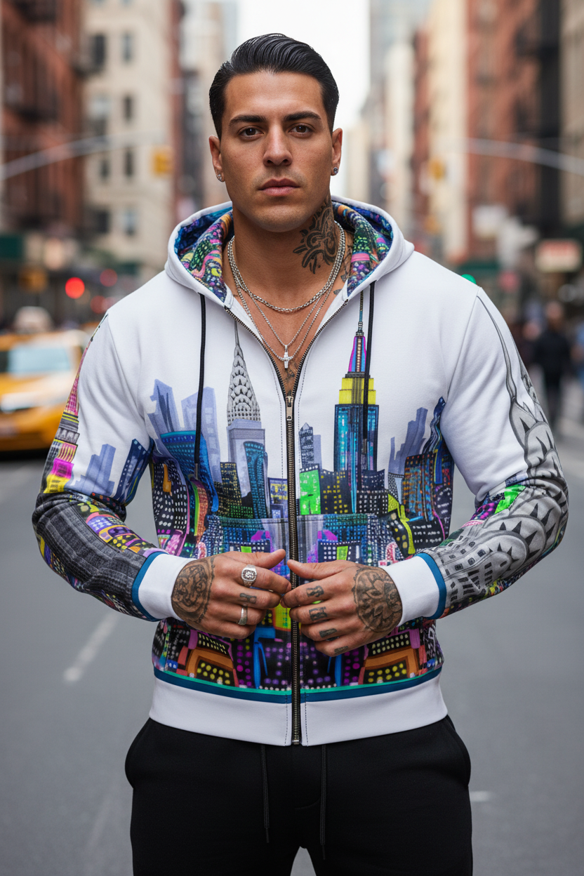 Man wearing a colorful hoodie with cityscape Loria NYC Art design on a city street
