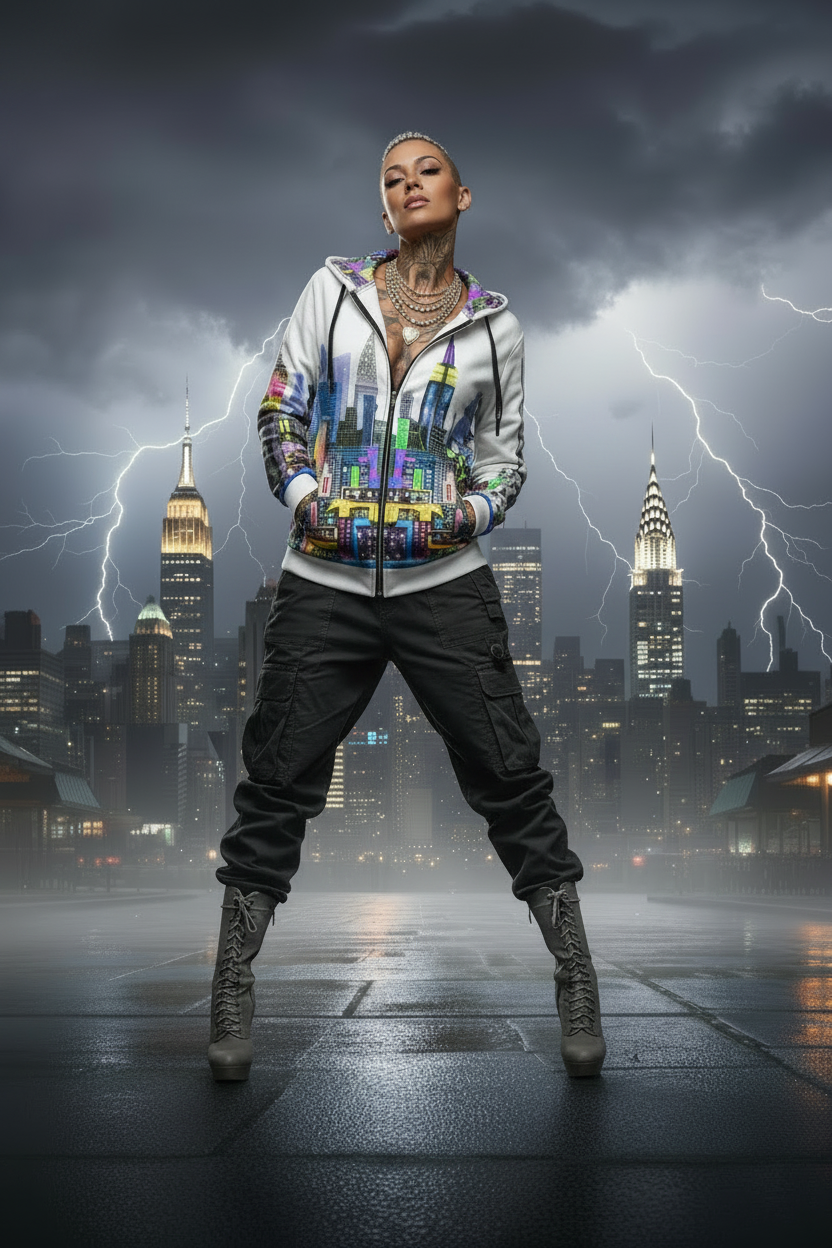 Person wearing a colorful Loria NYC Art jacket with cityscape design against a dark, stormy sky with lightning over a city skyline.