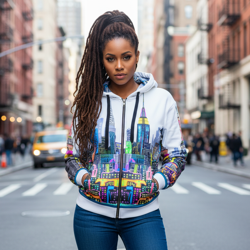 Woman wearing a colorful Loria NYC Art hoodie with a cityscape design on a city street.