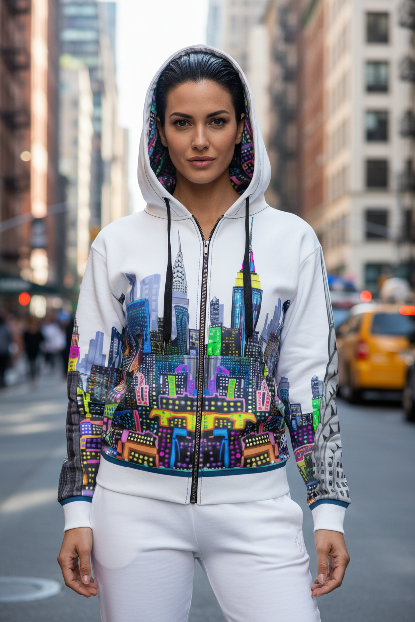 Woman wearing a colorful cityscape Loria NYC Art hoodie on a city street