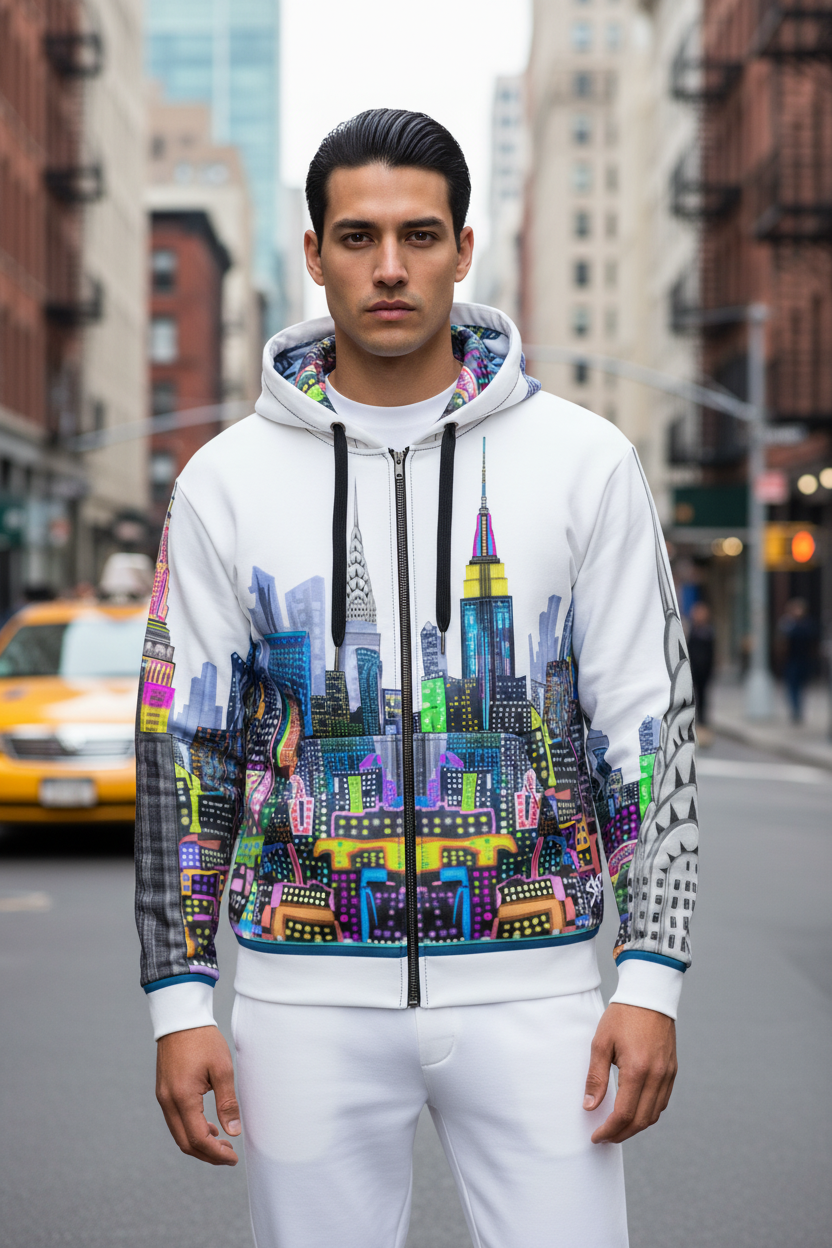Man wearing a colorful Loria NYC Art cityscape hoodie on a city street