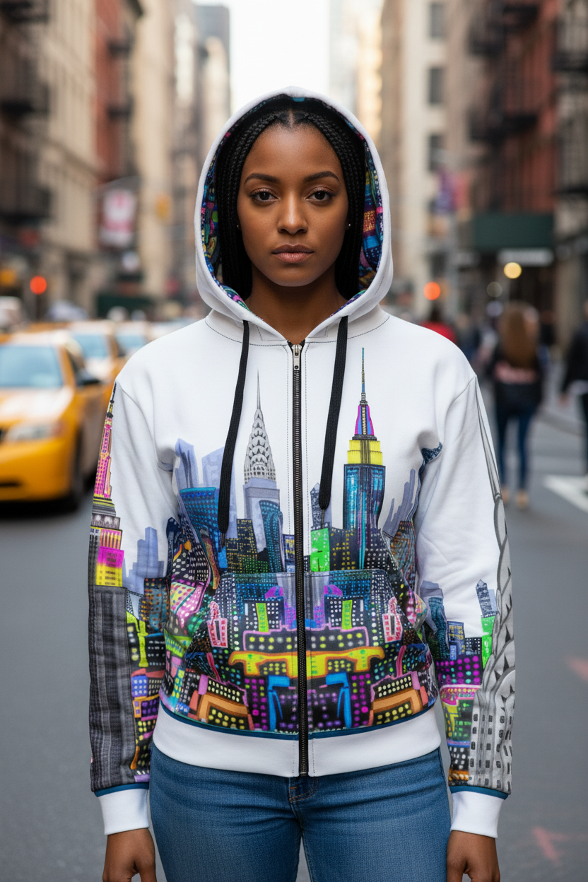 Person wearing a colorful Loria NYC Art cityscape hoodie on a street with buildings and taxis in the background