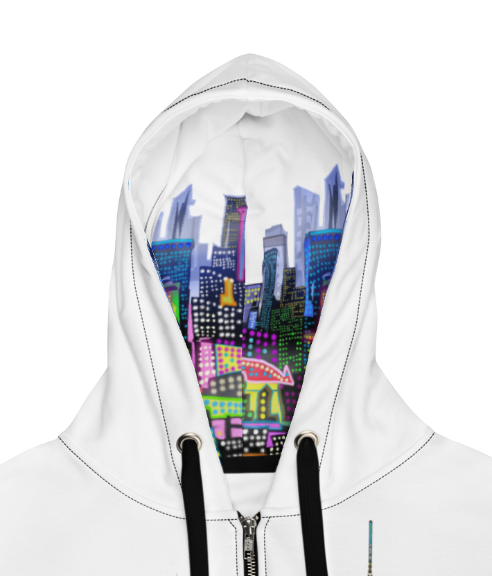 White hoodie with a colorful cityscape Loria NYC Art design on a white background