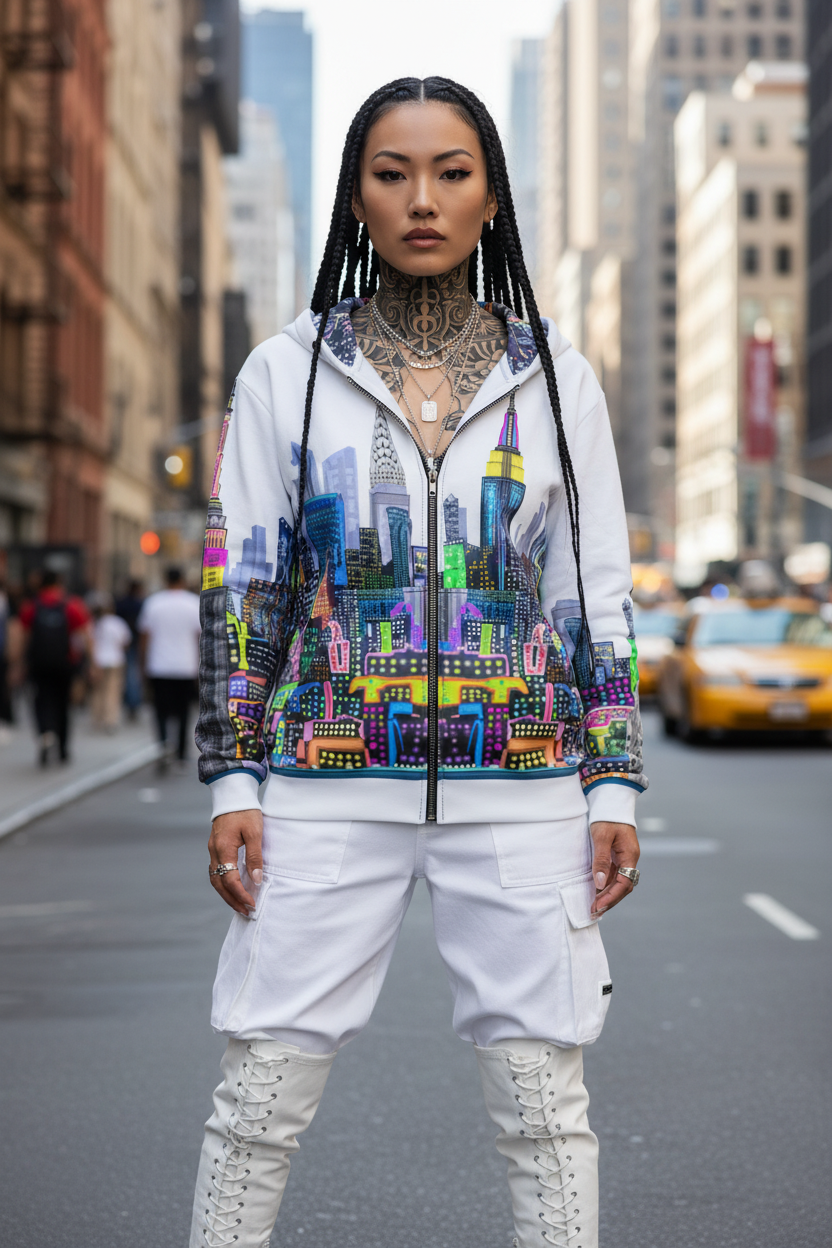 Person wearing a colorful Loria NYC Art cityscape jacket on a city street