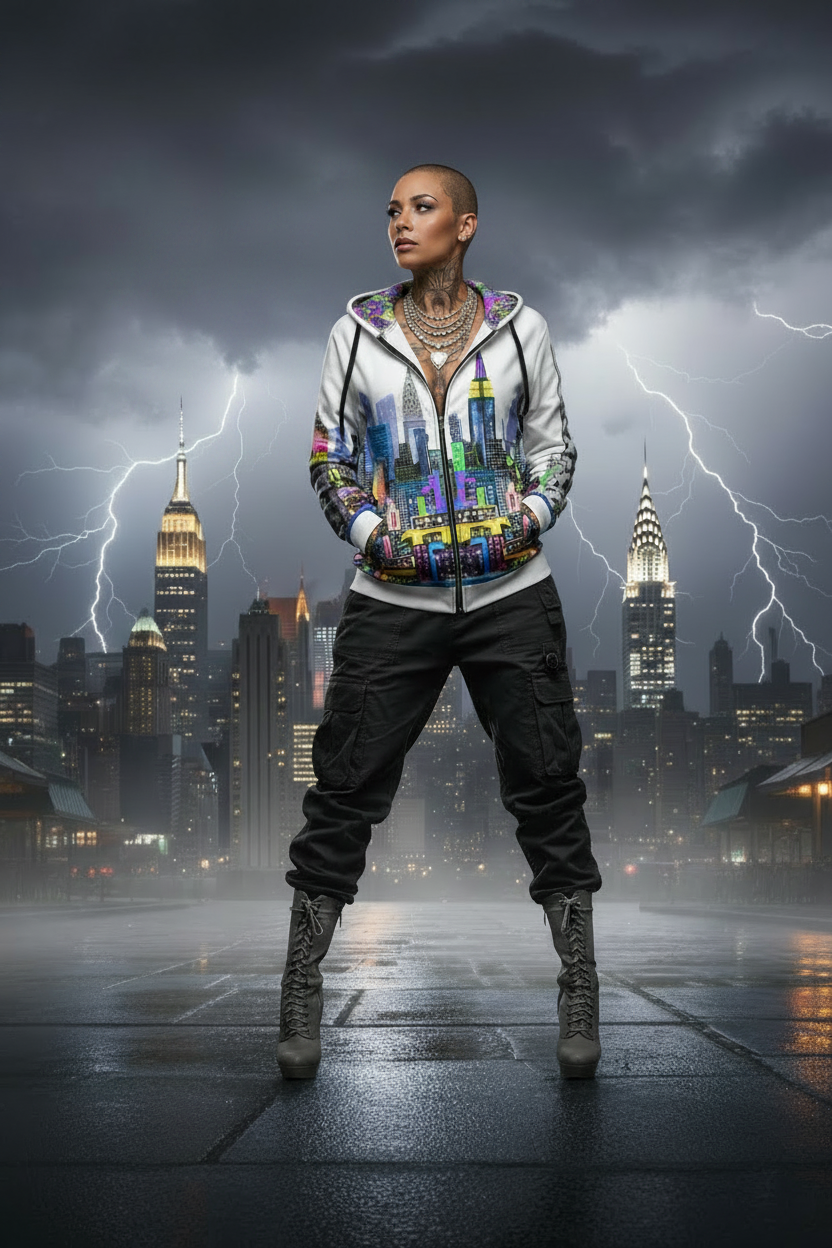 Women wearing a colorful Loria NYC Art hoodie with cityscape design against a stormy city skyline.
