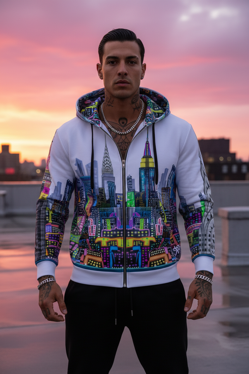 Person wearing a colorful Loria NYC Art hoodie with a cityscape design against a sunset sky.