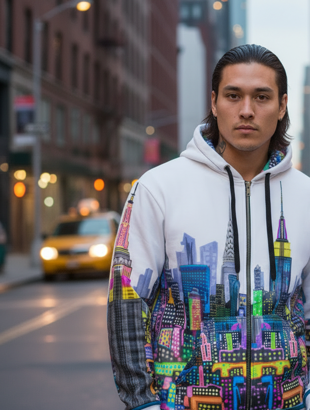 Person wearing colorful Loria NYC Art cityscape hoodies on a city street.