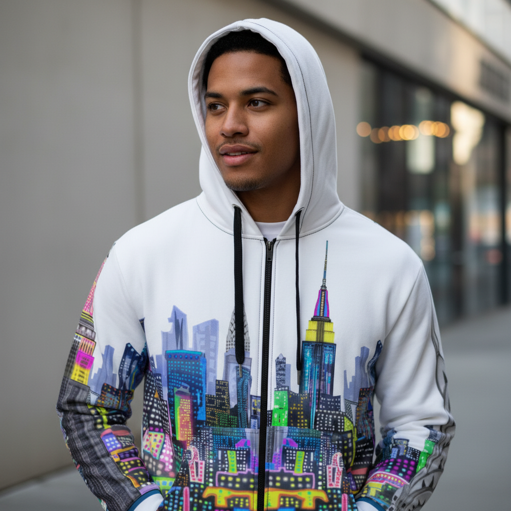 Person wearing a hoodie with a Loria NYC Art colorful cityscape design outdoors.