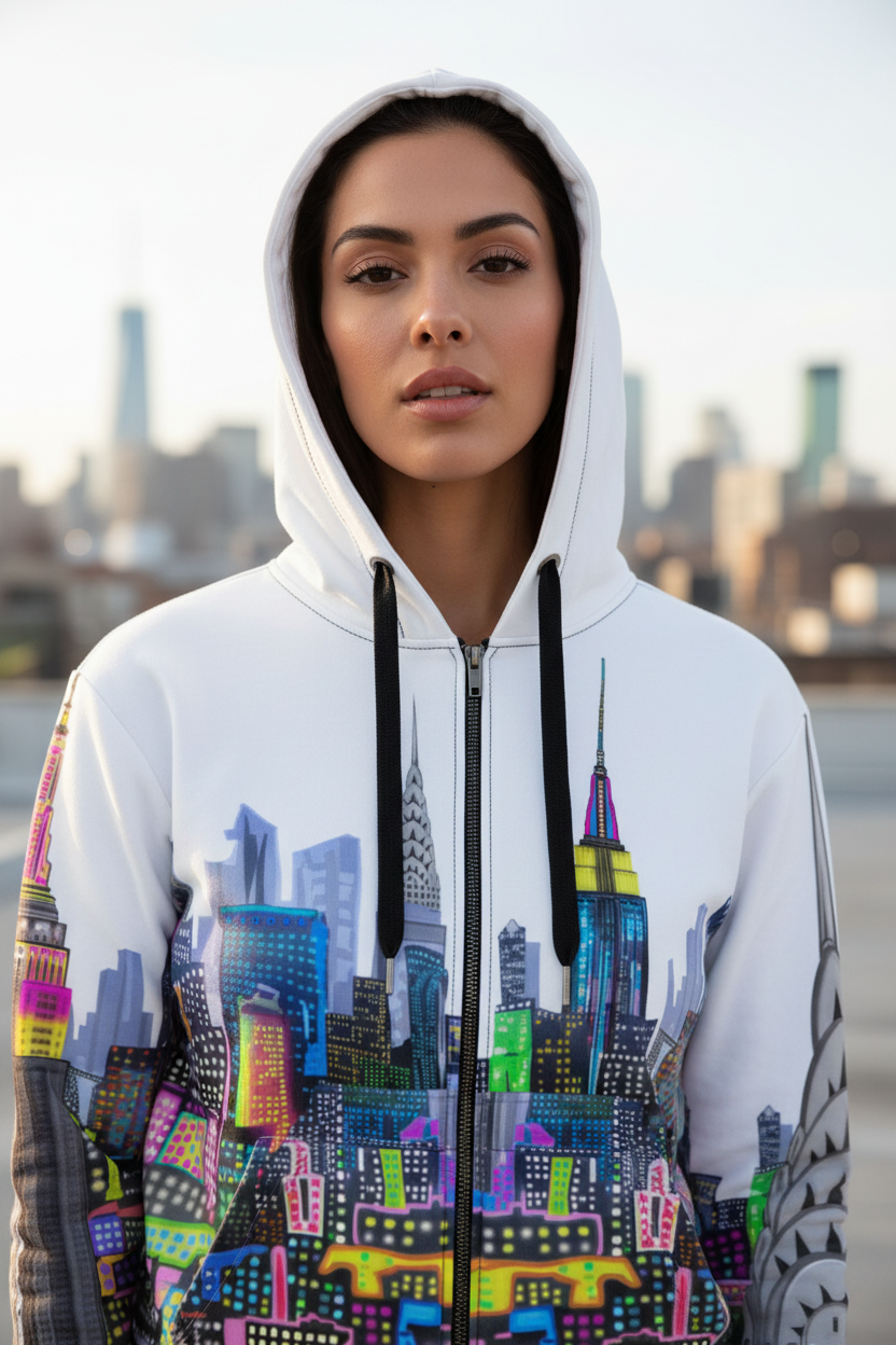 Person wearing a hoodie with a colorful cityscape Loria NYC Art design against a blurred city skyline.