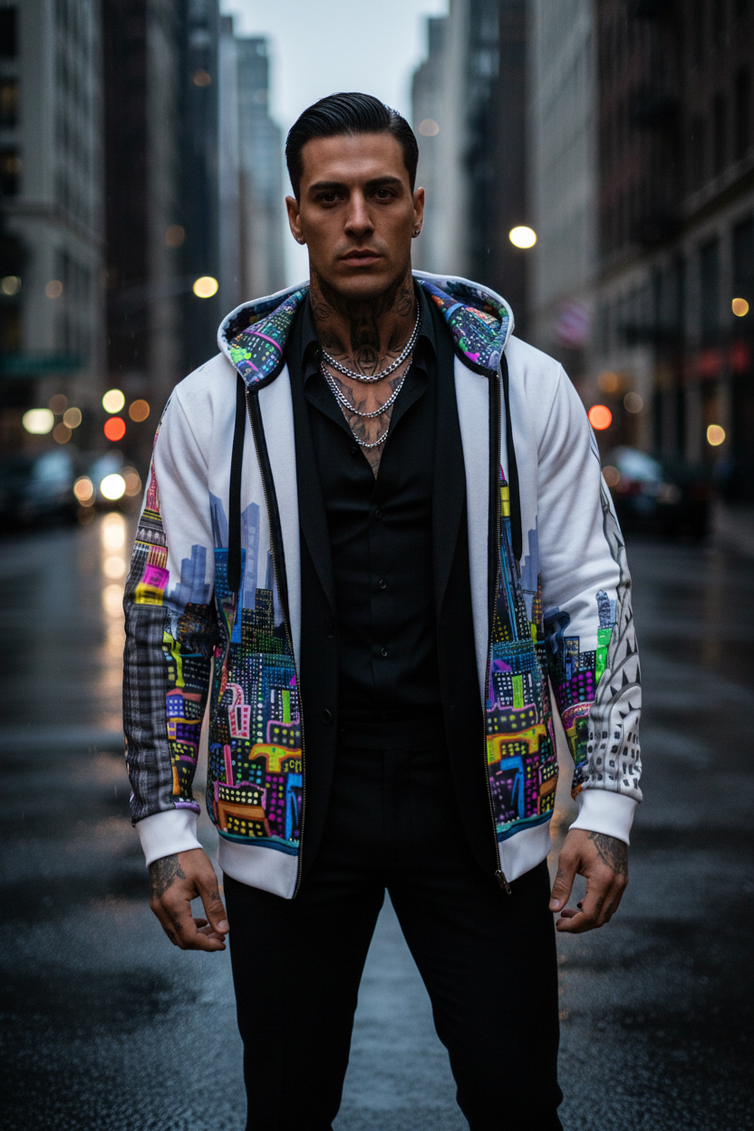 Man wearing a colorful Loria NYC Art jacket on a city street