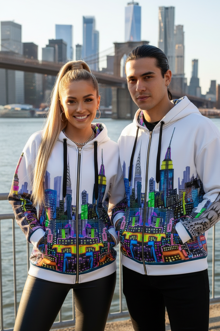 Two people wearing colorful Loria NYC Art cityscape hoodies with a city skyline in the background.