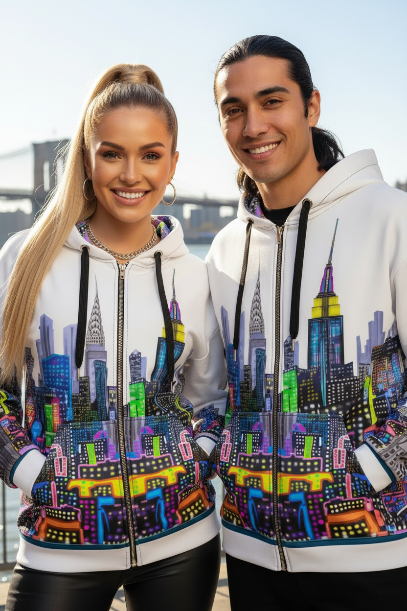 Two people wearing colorful Loria NYC Art cityscape hoodies with a bridge in the background
