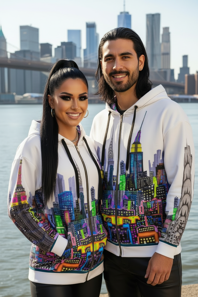 Unisex Zip Hoodie - Metropoli Bianco - Loria NYC Art