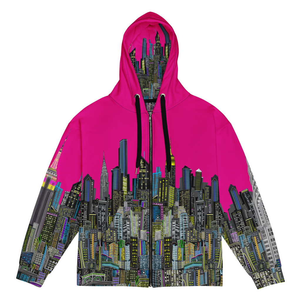 Colorful Loria NYC Art hoodie with cityscape design on a white background