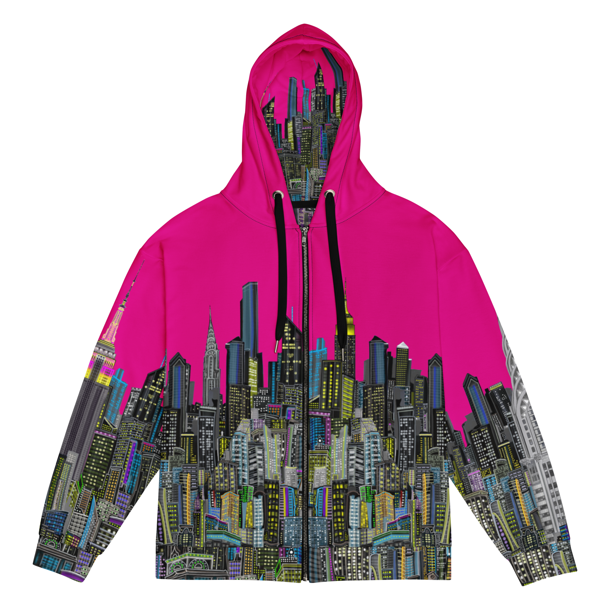 Colorful Loria NYC Art hoodie with cityscape design on a white background