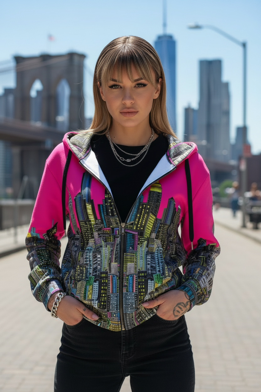 Person wearing a colorful, Loria NYC Art hoodie with a cityscape background