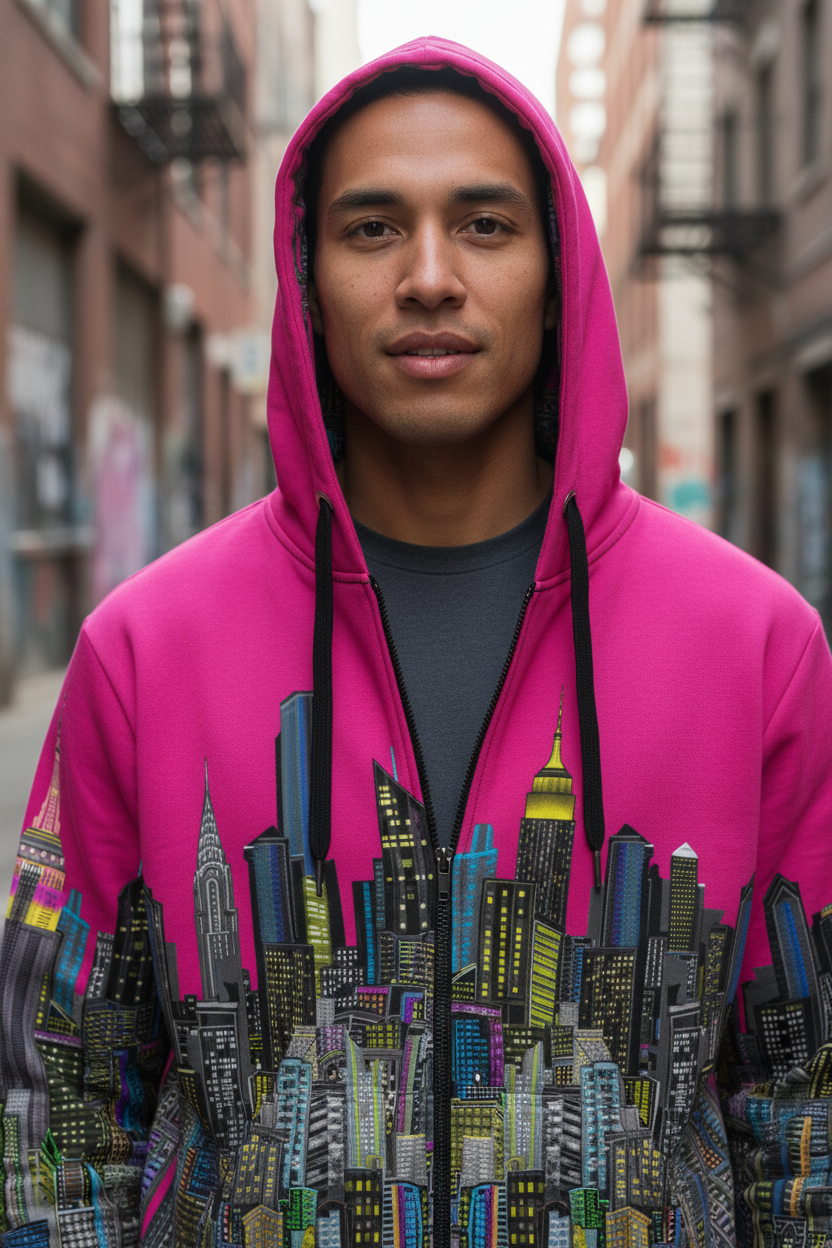 Person wearing a pink hoodie with a cityscape Loria NYC Art design on a street.