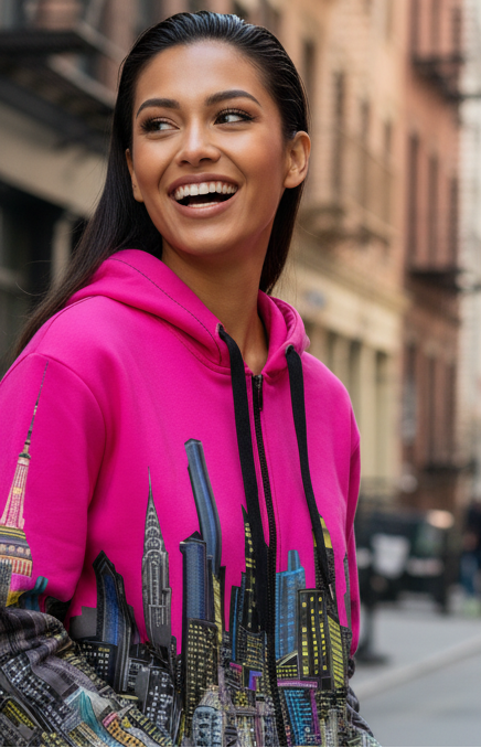 Woman wearing a pink hoodie with cityscape Loria NYC Art design, standing on a street.