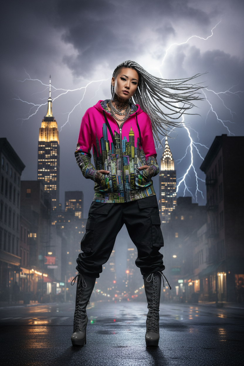 Person in a pink hoodie with a Loria NYC Art cityscape and lightning in the background