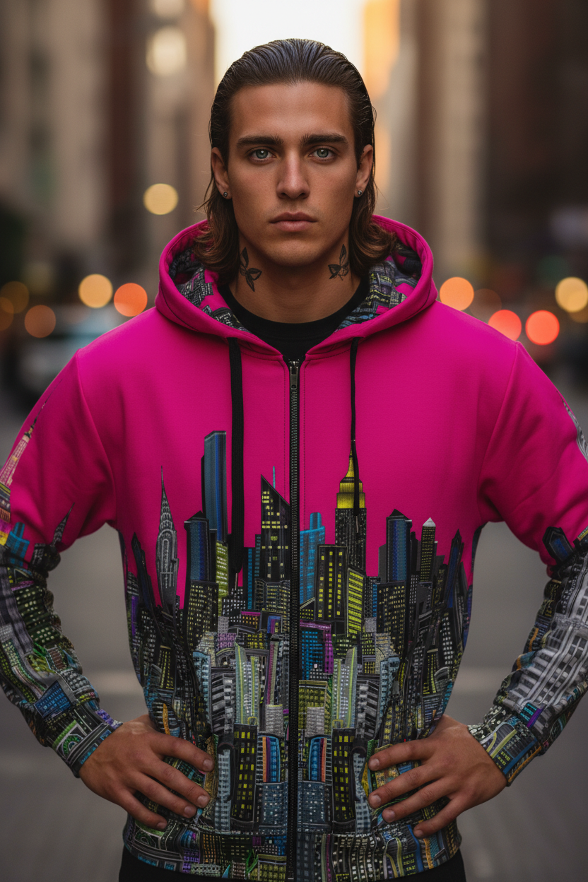Person wearing a vibrant pink Loria NYC Art hoodie with cityscape design in an urban setting