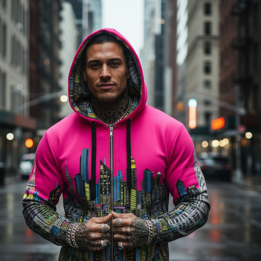 Man wearing a bright Loria NYC Art hoodie with a colorful front design on a city street.