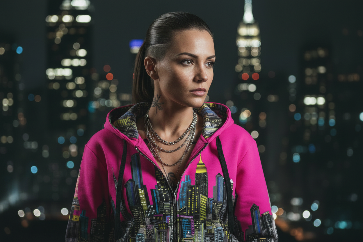 Woman wearing a pink hoodie with cityscape Loria NYC Art design against a night cityscape background
