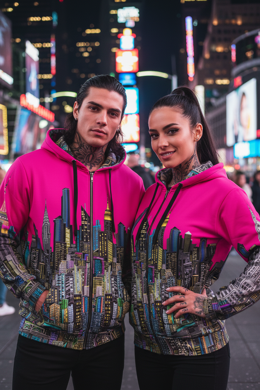Two people wearing Loria NYC Art vibrant hoodies in urban city setting