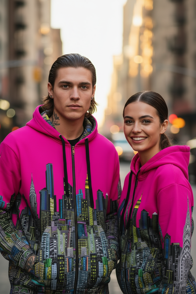 Two people wearing pink hoodies with cityscape Loria NYC Art designs on a blurred city street background.