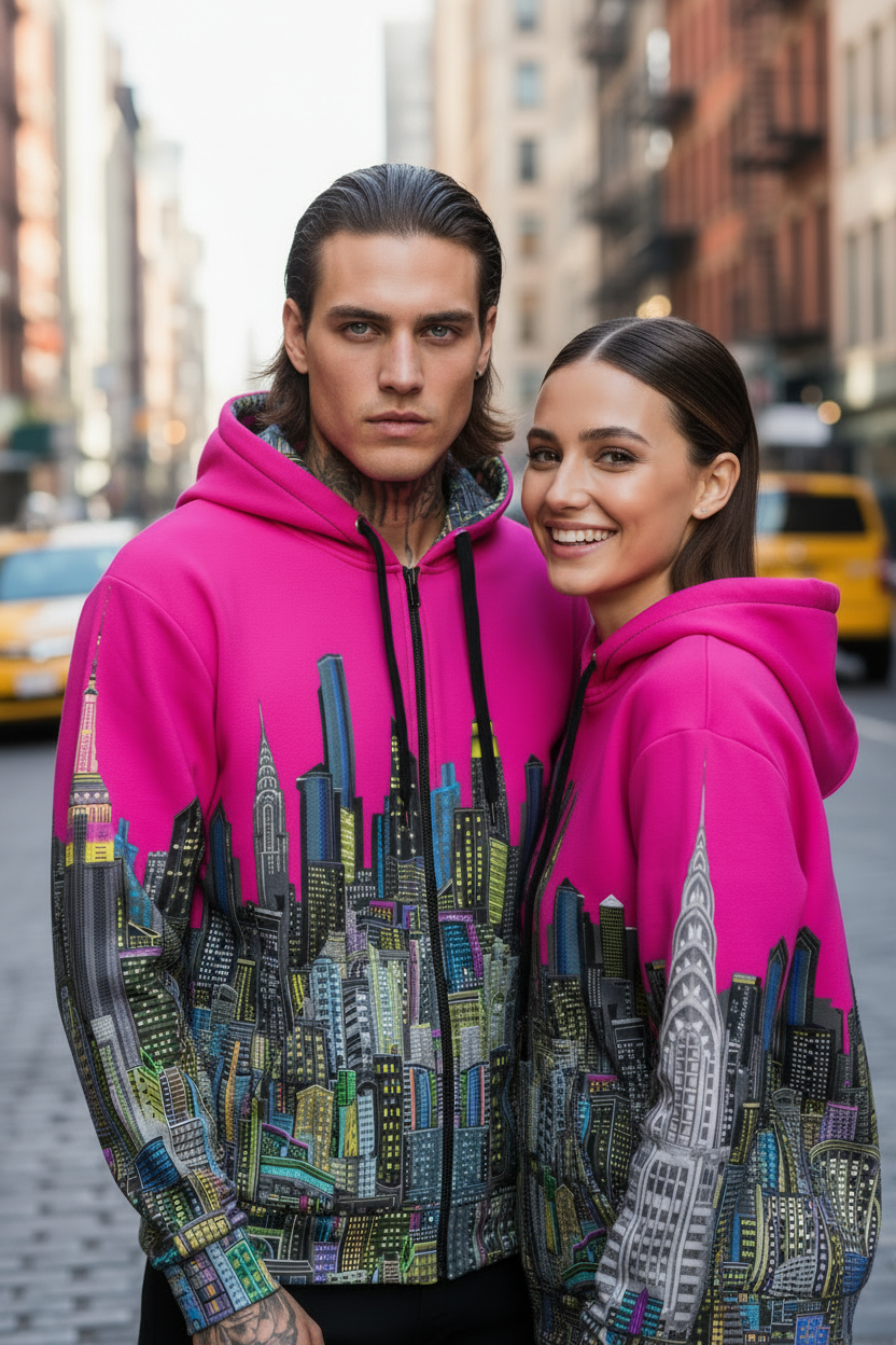Two people wearing pink hoodies with cityscape Loria NYC Art designs on a street.