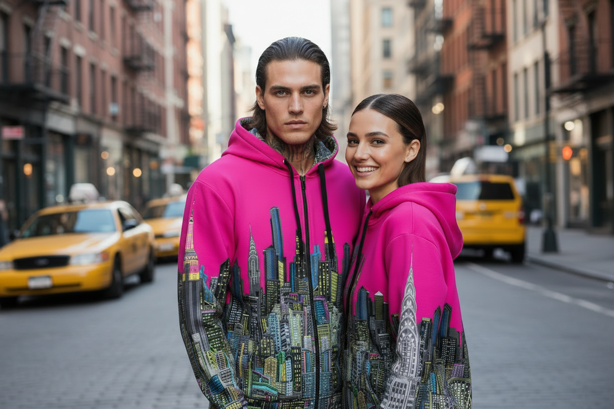 Two people wearing matching colorful Loria NYC Art hoodies in an urban setting