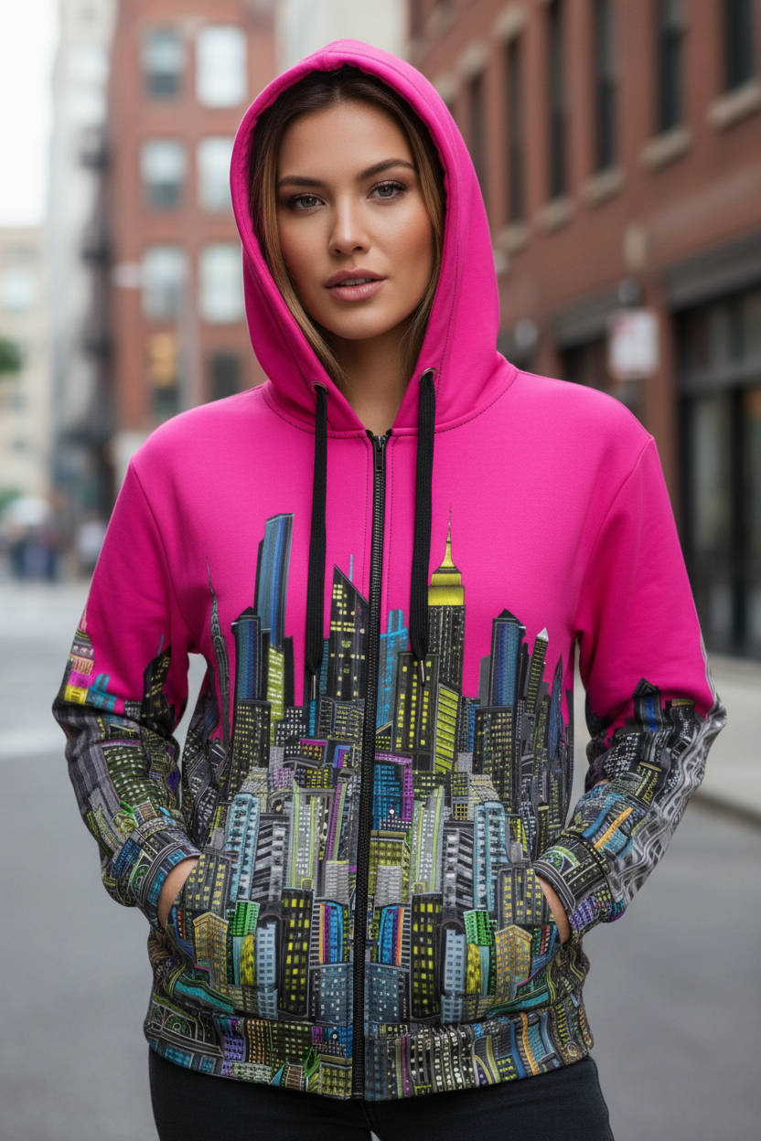 Person wearing a bright pink hoodie with a cityscape Loria NYC Art design on a street background