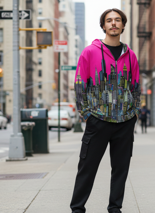 Person wearing a colorful NYC Loria Art cityscape hoodie and beige pants on a urban background