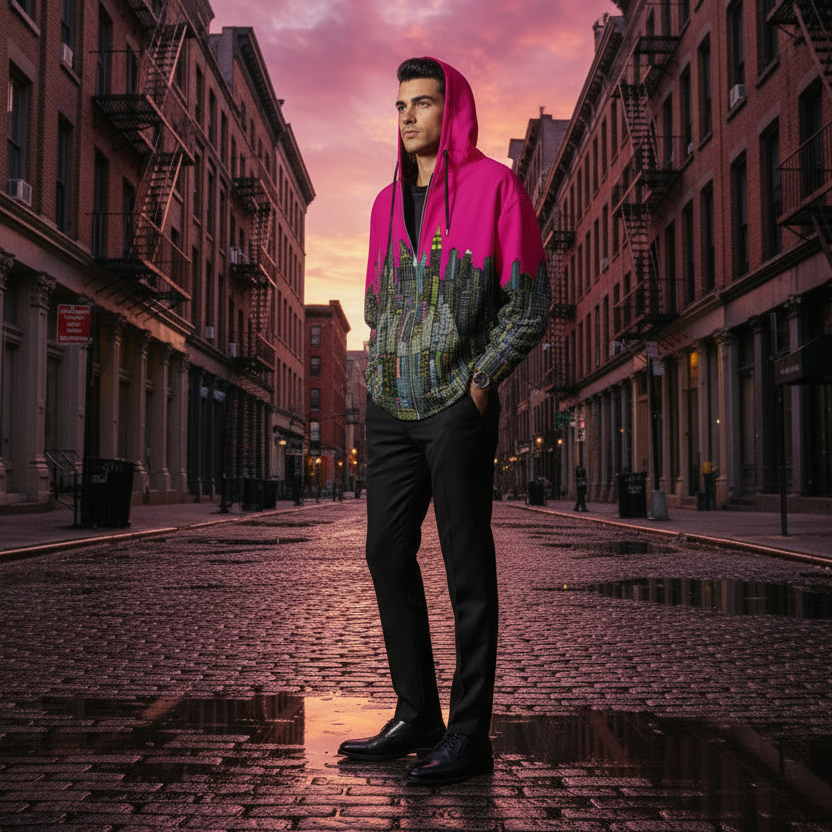 Person wearing a colorful Loria NYC Art hoodie on a city street with a pink and purple sky.