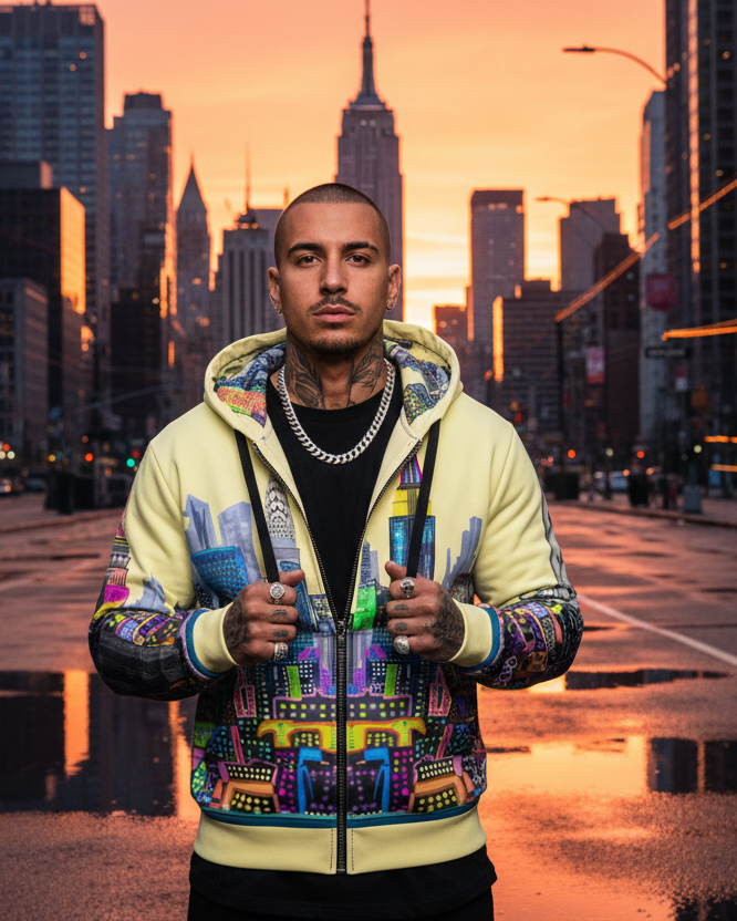 Man wearing a colorful hoodie with cityscape Loria NYC Art design in an urban setting at sunset.
