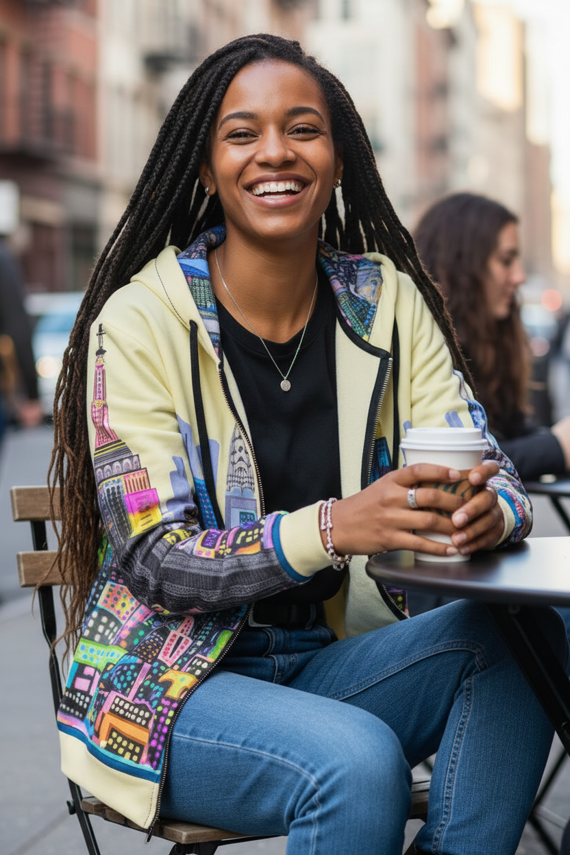 Woman sitting outdoors holding a coffee cup, wearing a colorful Loria NYC Art jacket.