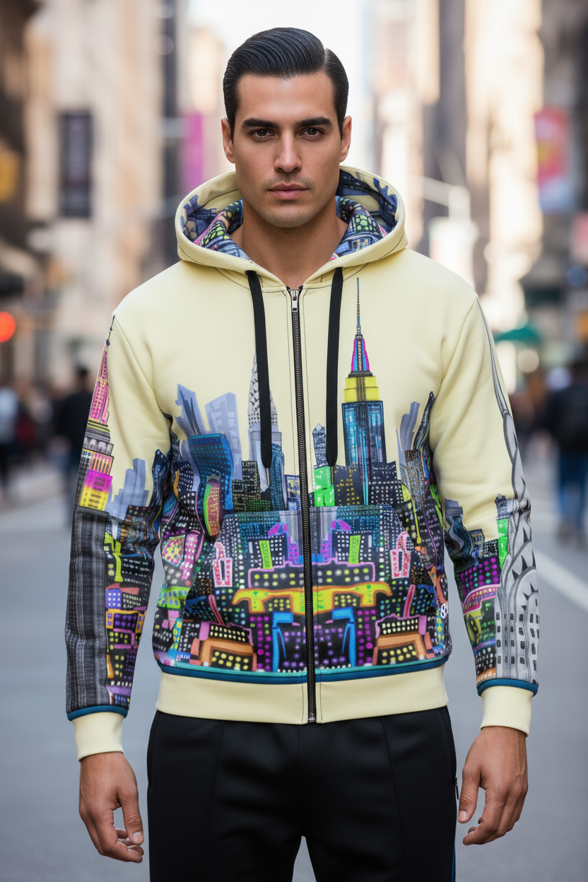 Man wearing a colorful Loria NYC Art hoodie with a cityscape design on a street.