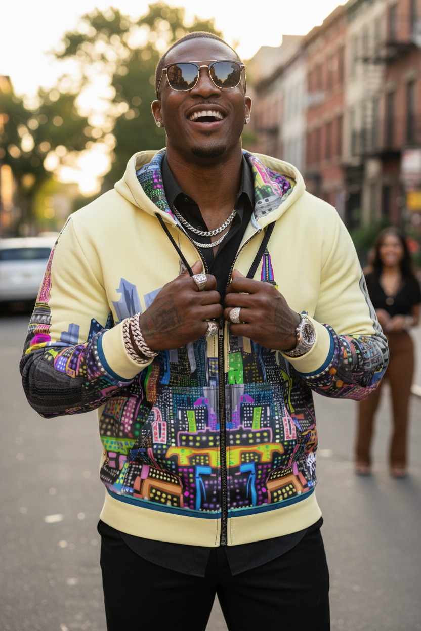 Man wearing a colorful Loria NYC Art  hoodie with cityscape design on a street.