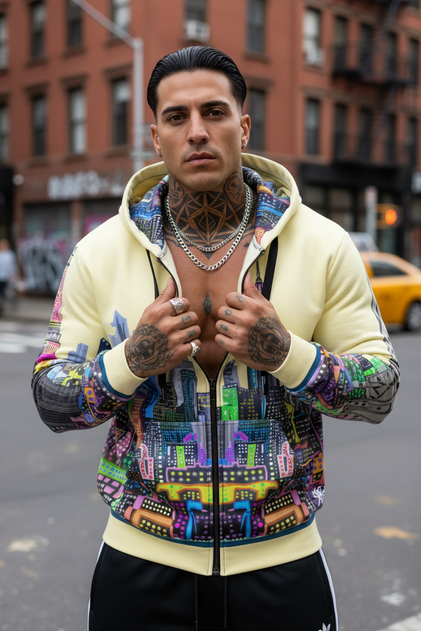 Man wearing a colorful hoodie with a Loria NYC Artbcityscape pattern on an urban street.