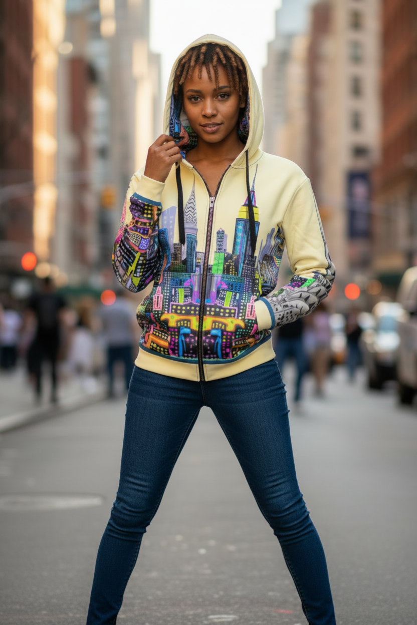 Person wearing a colorful Loria NYC Art hoodie with a cityscape design on a city street.