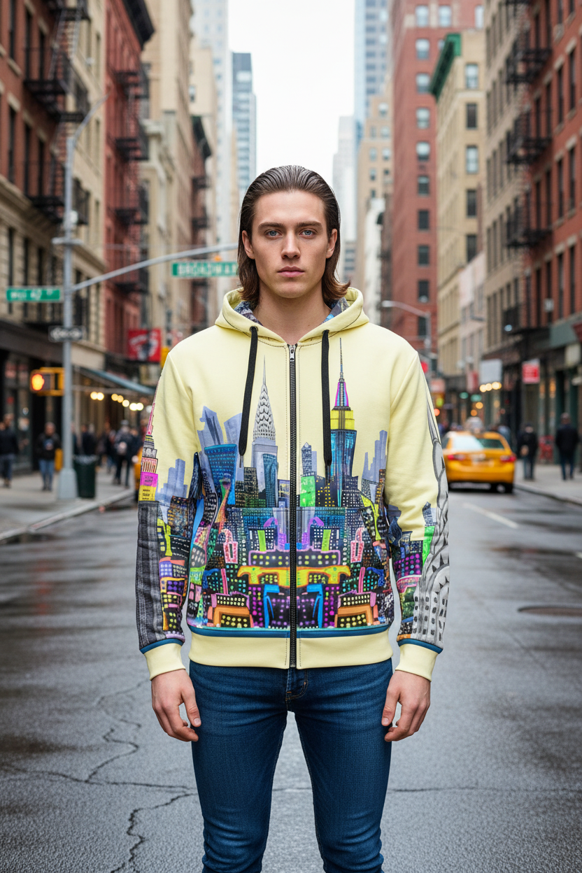 Person wearing a colorful hoodie with cityscape Loria NYC Art design on a city street